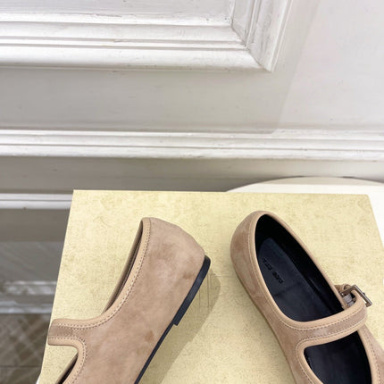 THE ROW 26S ROUND TOE MARY JANE FLATS IN LIGHT BROWN SUEDE