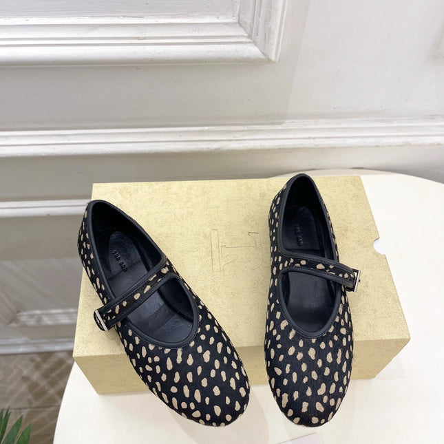 THE ROW 26S ROUND TOE MARY JANE FLATS IN BLACK LEOPARD CALF HAIR