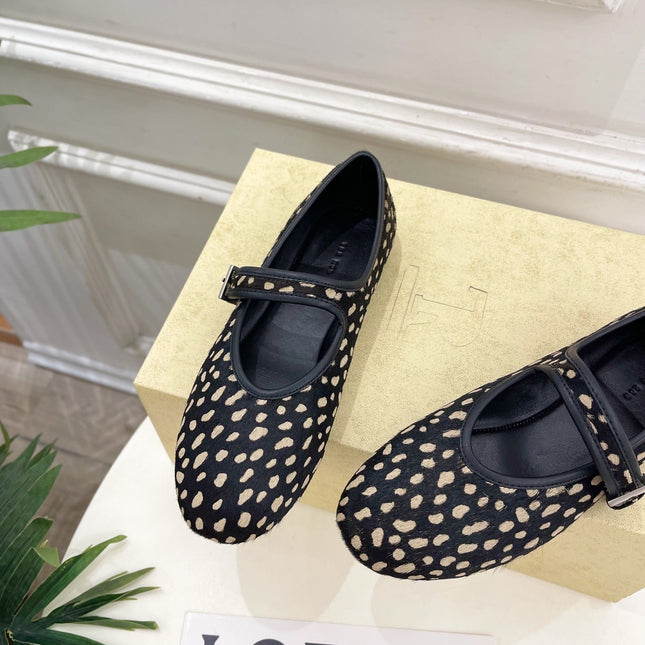 THE ROW 26S ROUND TOE MARY JANE FLATS IN BLACK LEOPARD CALF HAIR