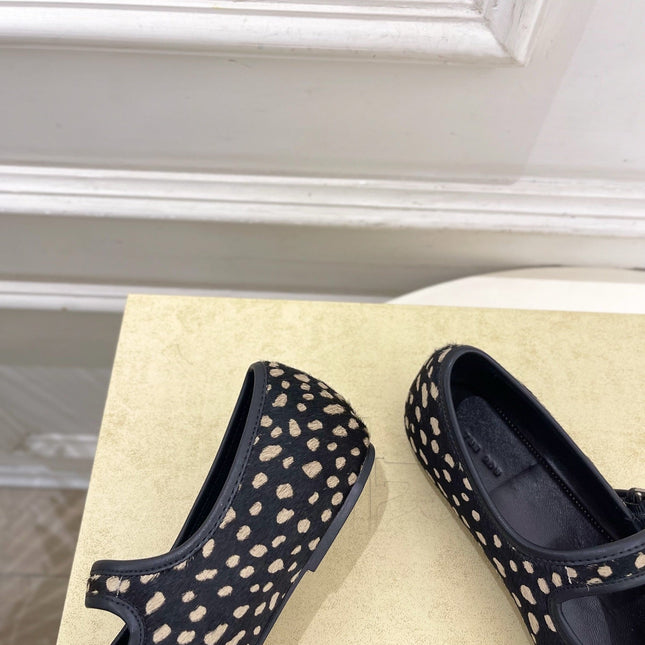 THE ROW 26S ROUND TOE MARY JANE FLATS IN BLACK LEOPARD CALF HAIR