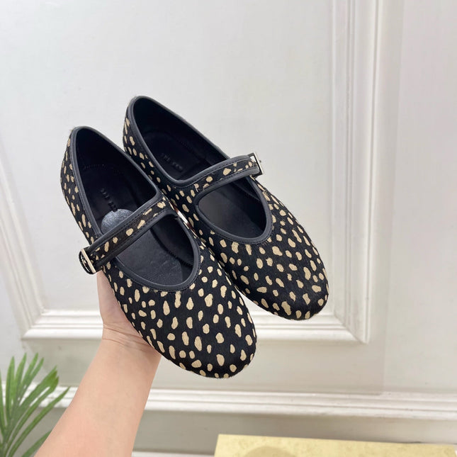THE ROW 26S ROUND TOE MARY JANE FLATS IN BLACK LEOPARD CALF HAIR