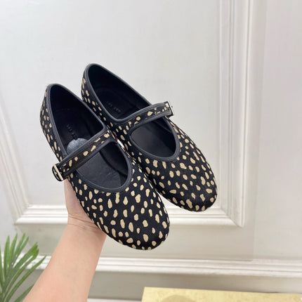 THE ROW 26S ROUND TOE MARY JANE FLATS IN BLACK LEOPARD CALF HAIR