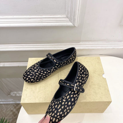 THE ROW 26S ROUND TOE MARY JANE FLATS IN BLACK LEOPARD CALF HAIR