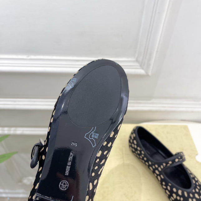 THE ROW 26S ROUND TOE MARY JANE FLATS IN BLACK LEOPARD CALF HAIR