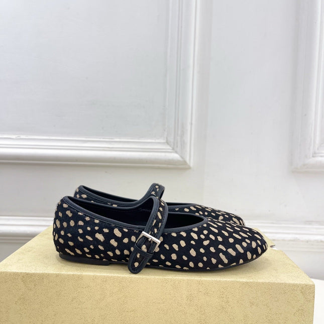 THE ROW 26S ROUND TOE MARY JANE FLATS IN BLACK LEOPARD CALF HAIR