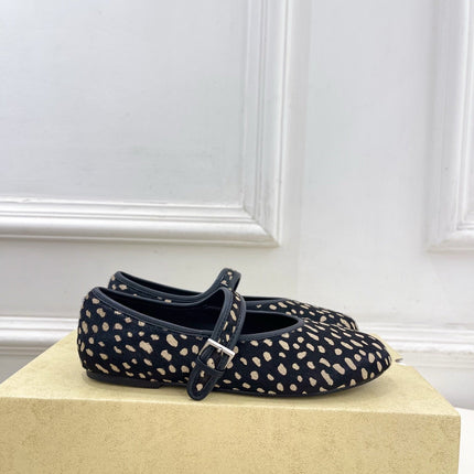 THE ROW 26S ROUND TOE MARY JANE FLATS IN BLACK LEOPARD CALF HAIR