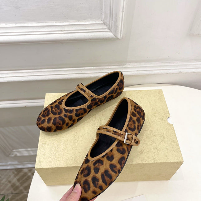 THE ROW 26S ROUND TOE MARY JANE FLATS IN BROWN LEOPARD CALF HAIR