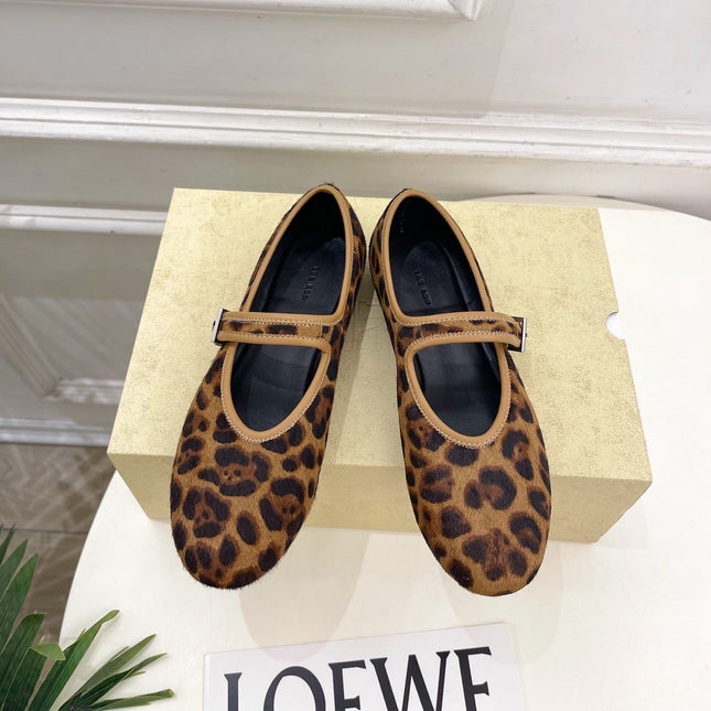 THE ROW 26S ROUND TOE MARY JANE FLATS IN BROWN LEOPARD CALF HAIR