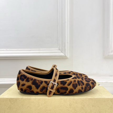THE ROW 26S ROUND TOE MARY JANE FLATS IN BROWN LEOPARD CALF HAIR