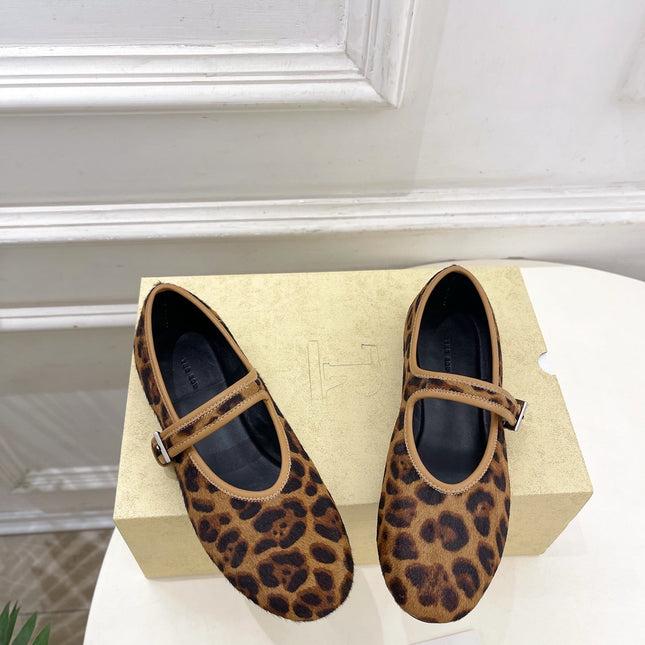 THE ROW 26S ROUND TOE MARY JANE FLATS IN BROWN LEOPARD CALF HAIR