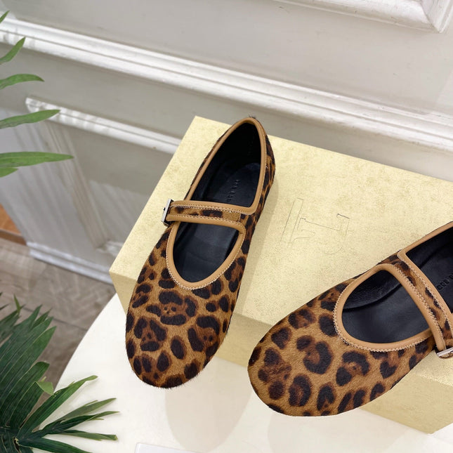 THE ROW 26S ROUND TOE MARY JANE FLATS IN BROWN LEOPARD CALF HAIR