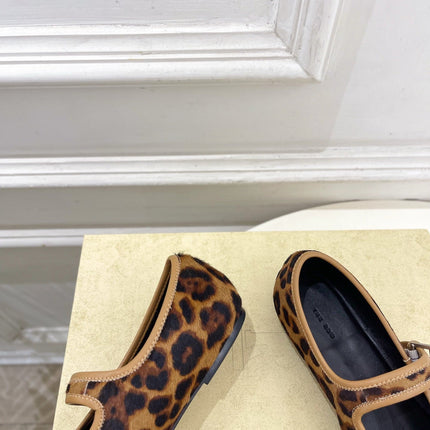 THE ROW 26S ROUND TOE MARY JANE FLATS IN BROWN LEOPARD CALF HAIR