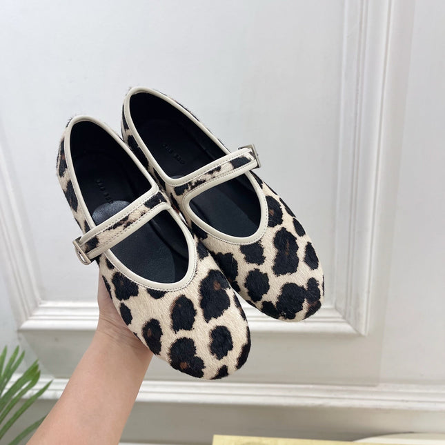 THE ROW 26S ROUND TOE MARY JANE FLATS IN LEOPARD CALF HAIR
