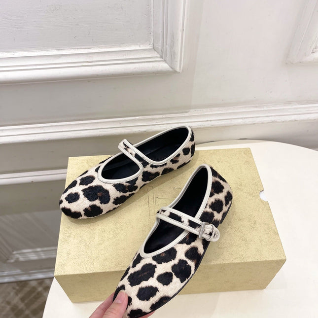 THE ROW 26S ROUND TOE MARY JANE FLATS IN LEOPARD CALF HAIR