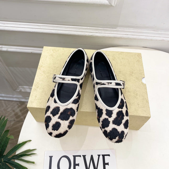THE ROW 26S ROUND TOE MARY JANE FLATS IN LEOPARD CALF HAIR
