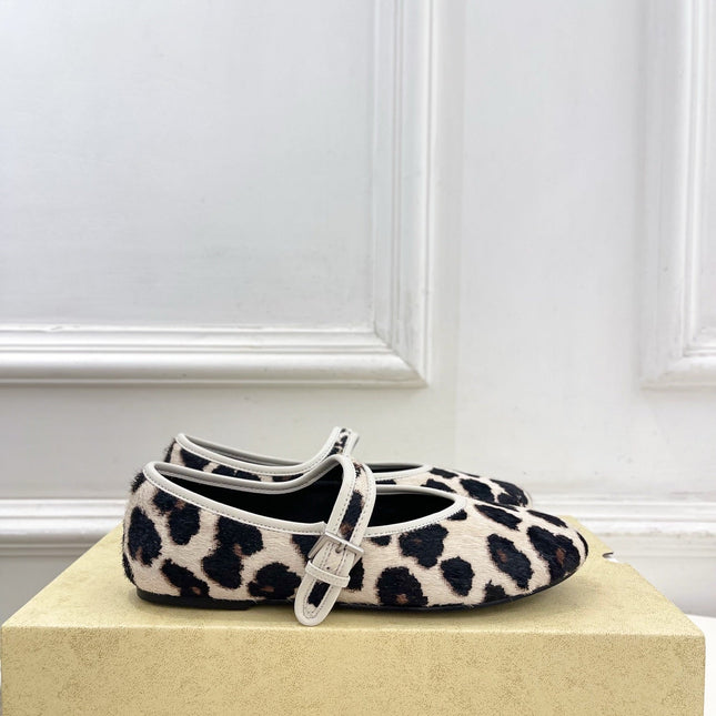 THE ROW 26S ROUND TOE MARY JANE FLATS IN LEOPARD CALF HAIR