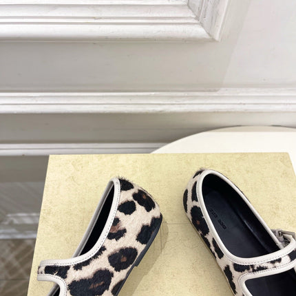 THE ROW 26S ROUND TOE MARY JANE FLATS IN LEOPARD CALF HAIR