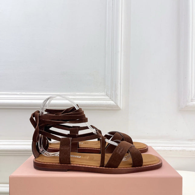 MIUMIU 26S LACE-UP SANDALS IN DARK BROWN SUEDE