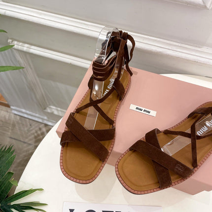 MIUMIU 26S LACE-UP SANDALS IN DARK BROWN SUEDE