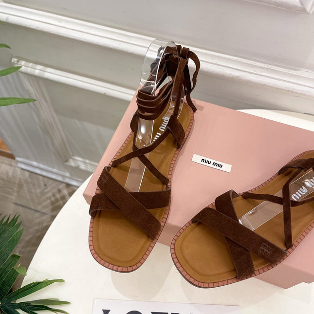MIUMIU 26S LACE-UP SANDALS IN DARK BROWN SUEDE