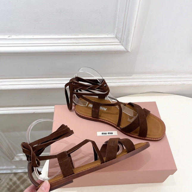 MIUMIU 26S LACE-UP SANDALS IN DARK BROWN SUEDE