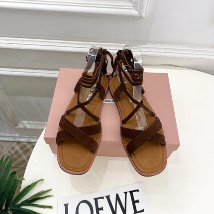 MIUMIU 26S LACE-UP SANDALS IN DARK BROWN SUEDE