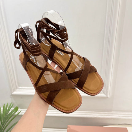MIUMIU 26S LACE-UP SANDALS IN DARK BROWN SUEDE