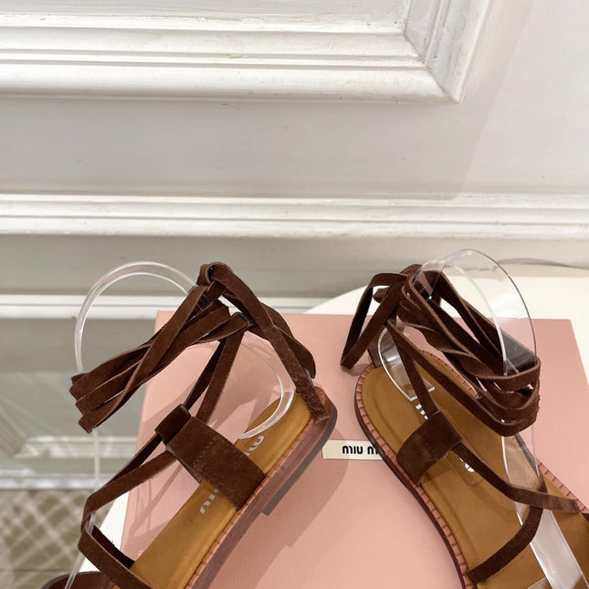 MIUMIU 26S LACE-UP SANDALS IN DARK BROWN SUEDE