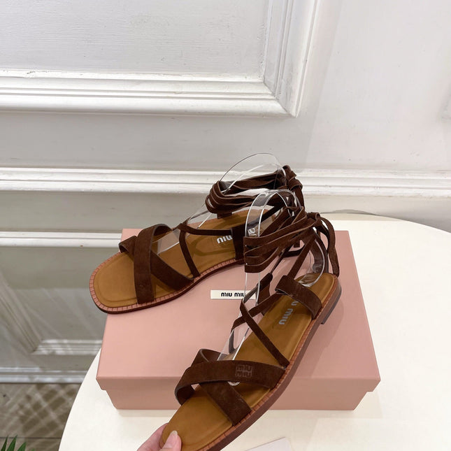 MIUMIU 26S LACE-UP SANDALS IN DARK BROWN SUEDE