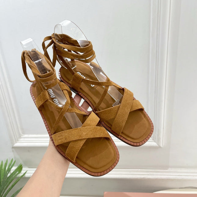 MIUMIU 26S LACE-UP SANDALS IN CARAMEL BROWN SUEDE