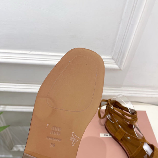 MIUMIU 26S LACE-UP SANDALS IN CARAMEL BROWN SUEDE