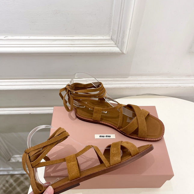 MIUMIU 26S LACE-UP SANDALS IN CARAMEL BROWN SUEDE