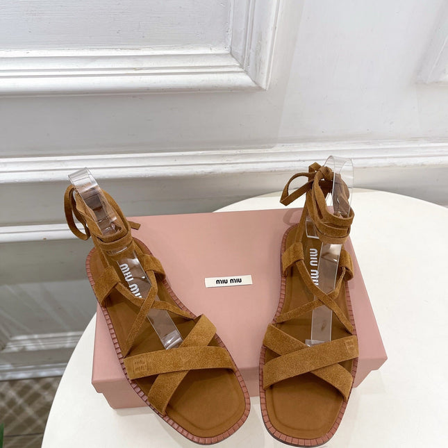 MIUMIU 26S LACE-UP SANDALS IN CARAMEL BROWN SUEDE