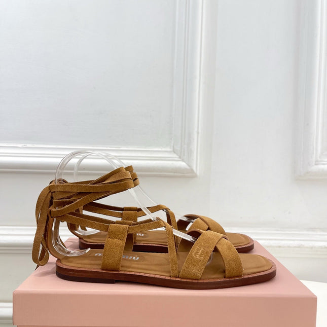 MIUMIU 26S LACE-UP SANDALS IN CARAMEL BROWN SUEDE
