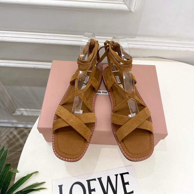 MIUMIU 26S LACE-UP SANDALS IN CARAMEL BROWN SUEDE