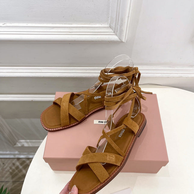 MIUMIU 26S LACE-UP SANDALS IN CARAMEL BROWN SUEDE