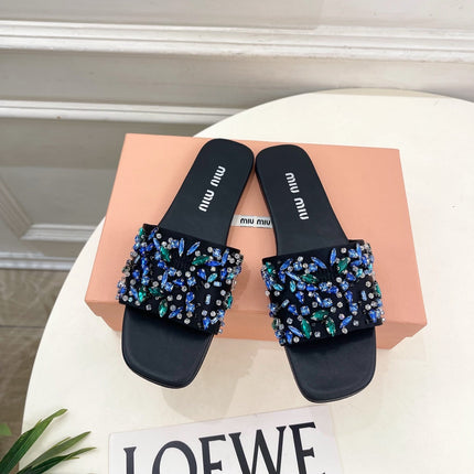MIUMIU 26S SLIDES IN BLACK SATIN CRYSTAL EMBELLISHED
