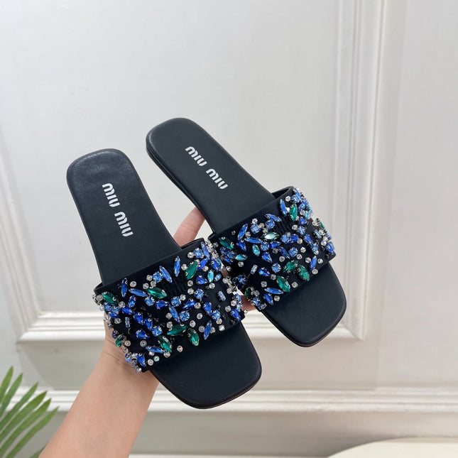 MIUMIU 26S SLIDES IN BLACK SATIN CRYSTAL EMBELLISHED