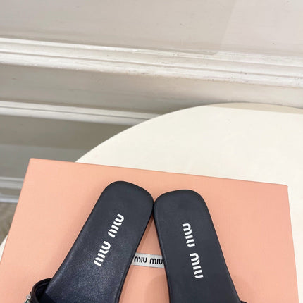 MIUMIU 26S SLIDES IN BLACK SATIN CRYSTAL EMBELLISHED