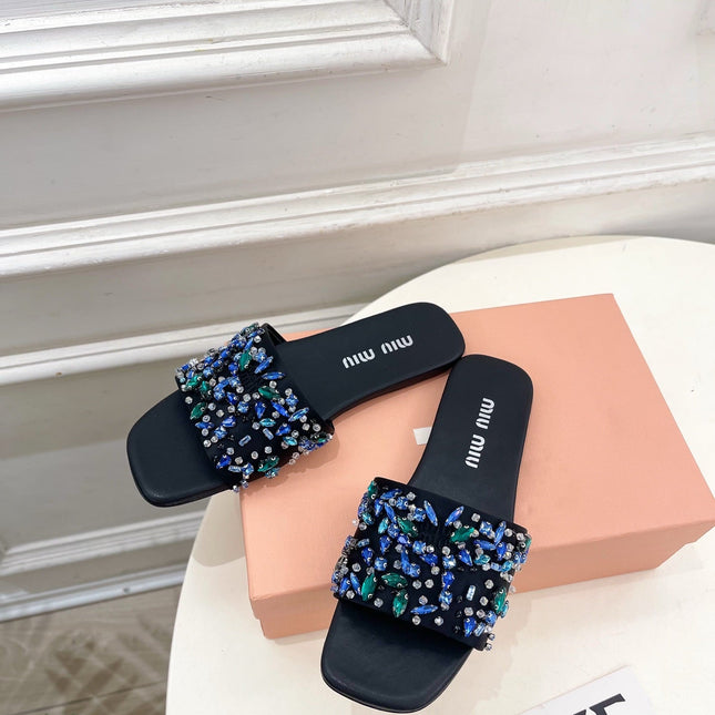 MIUMIU 26S SLIDES IN BLACK SATIN CRYSTAL EMBELLISHED