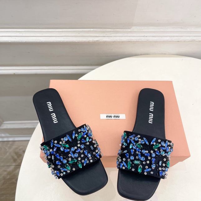 MIUMIU 26S SLIDES IN BLACK SATIN CRYSTAL EMBELLISHED