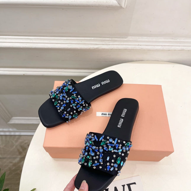 MIUMIU 26S SLIDES IN BLACK SATIN CRYSTAL EMBELLISHED