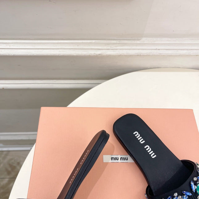 MIUMIU 26S SLIDES IN BLACK SATIN CRYSTAL EMBELLISHED