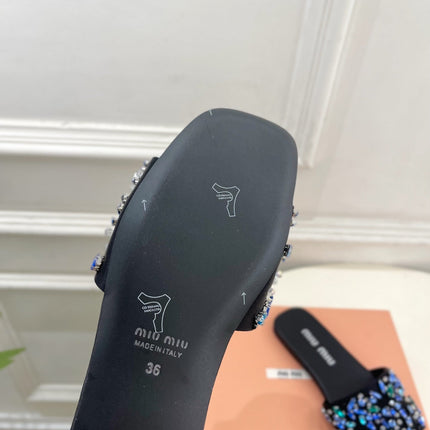 MIUMIU 26S SLIDES IN BLACK SATIN CRYSTAL EMBELLISHED