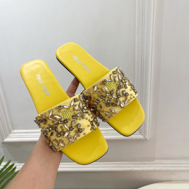 MIUMIU 26S SLIDES IN YELLOW SATIN CRYSTAL EMBELLISHED