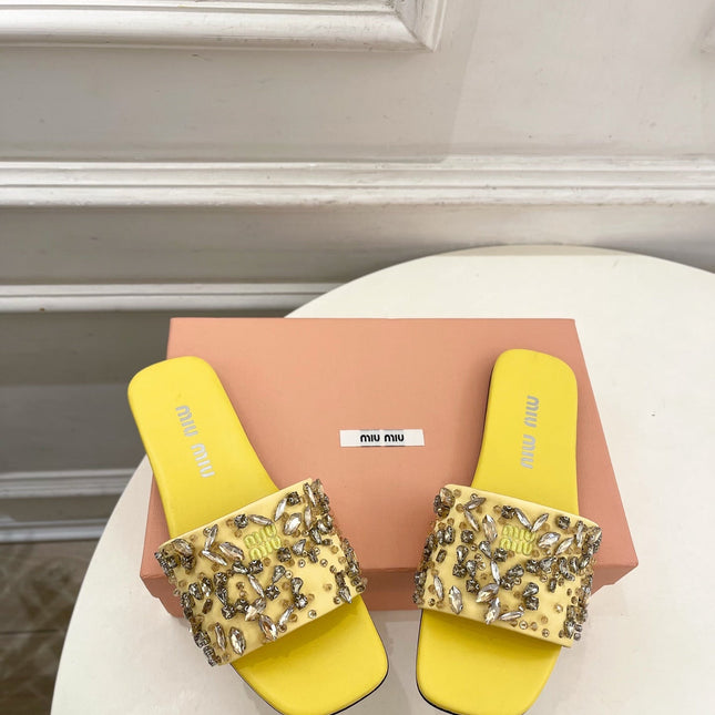 MIUMIU 26S SLIDES IN YELLOW SATIN CRYSTAL EMBELLISHED