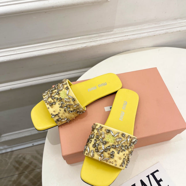 MIUMIU 26S SLIDES IN YELLOW SATIN CRYSTAL EMBELLISHED