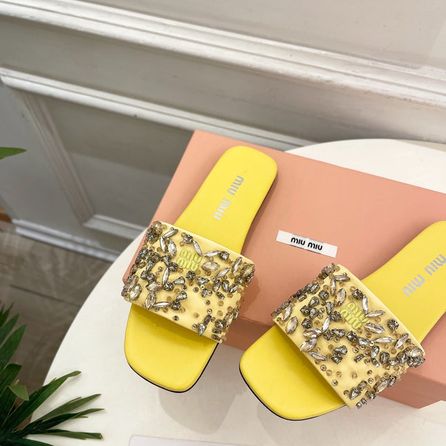 MIUMIU 26S SLIDES IN YELLOW SATIN CRYSTAL EMBELLISHED