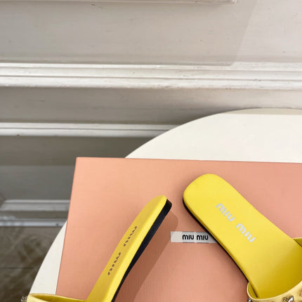 MIUMIU 26S SLIDES IN YELLOW SATIN CRYSTAL EMBELLISHED