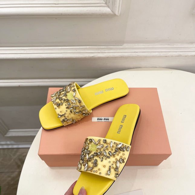MIUMIU 26S SLIDES IN YELLOW SATIN CRYSTAL EMBELLISHED